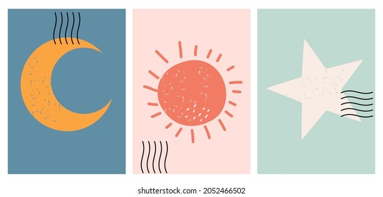 Set of abstract contemporary backgrounds with moon, sun and star. Mid century modern decoration. Abstract nature art poster.