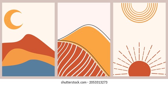 Set of abstract contemporary backgrounds with sky, desert, moon and sun. Mid century modern decoration.