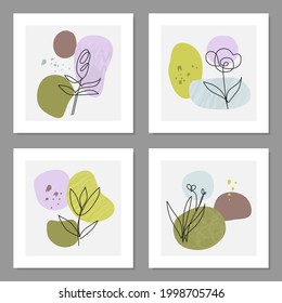 Juego de cartas contemporáneas abstractas con puntos, puntos, flores de una línea aisladas en fondo gris. Afiches minimalistas de moda.