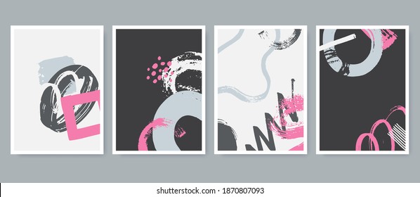 Set of abstract contemporary compositions in artistic hand painted style. Trendy posters collection with grunge elements. Use for cover, wall decor, t-shirt print, postcard, etc. Vector illustration.