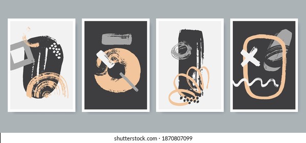 Set of abstract contemporary compositions in artistic hand painted style. Trendy posters collection with grunge elements. Use for cover, wall decor, t-shirt print, postcard, etc. Vector illustration.