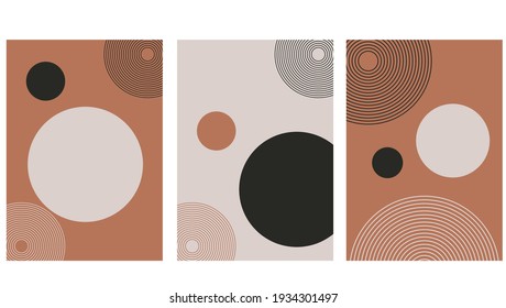 Set of abstract contemporary with geometric shapes. Design for wallpaper, background, wall decor, cover, print, card, branding. Modern boho minimalist art. Vector 