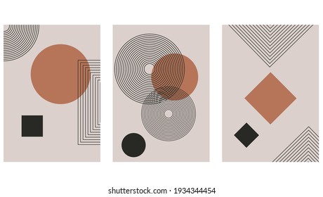 Set of abstract contemporary with geometric shapes. Design for wallpaper, background, wall decor, cover, print, card, branding. Modern boho minimalist art. Vector 