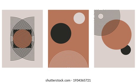 Set of abstract contemporary with geometric shapes. Design for wallpaper, background, wall decor, cover, print, card, branding. Modern boho minimalist art. Vector 