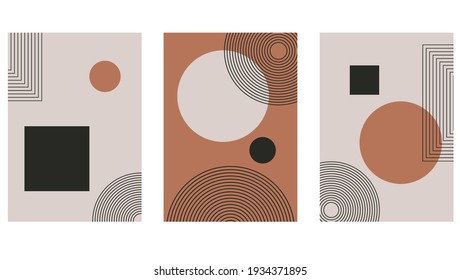 Set of abstract contemporary with geometric shapes. Design for wallpaper, background, wall decor, cover, print, card, branding. Modern boho minimalist art. Vector 