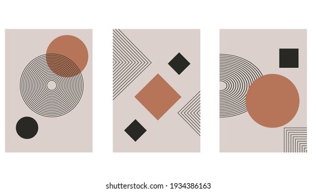 Set Of Abstract Contemporary With Geometric Shapes. Design For Wallpaper, Background, Wall Decor, Cover, Print, Card, Branding. Modern Boho Minimalist Art. Vector 