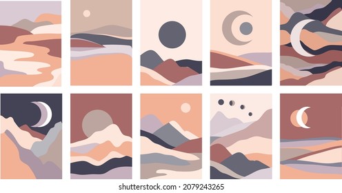 Set of abstract contemporary landscape posters in boho style. Mountain hills view with clouds, sun and moon.Mid century minimalist background for home decoration, wall decor or covers