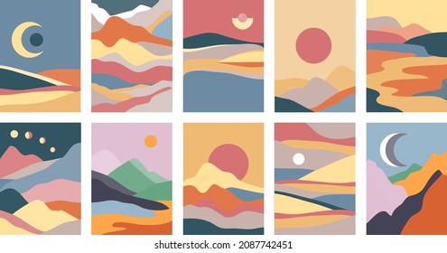 Set of abstract contemporary landscape posters in boho style. Mountain hills view with clouds, sun and moon.Mid century minimalist background for home decoration, wall decor or covers