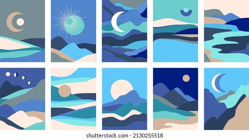 Set of abstract contemporary landscape posters in boho style. Mountain hills view with clouds, sun and moon.Mid century minimalist background for home decoration, wall decor or covers