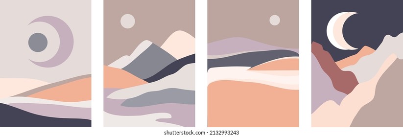 Set of abstract contemporary landscape posters in boho style. Mountain hills view with clouds, sun and moon.Mid century minimalist background for home decoration, wall decor or covers