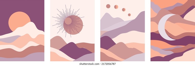 Set of abstract contemporary landscape posters in boho style. Mountain hills view with clouds, sun and moon.Mid century minimalist background for home decoration, wall decor or covers