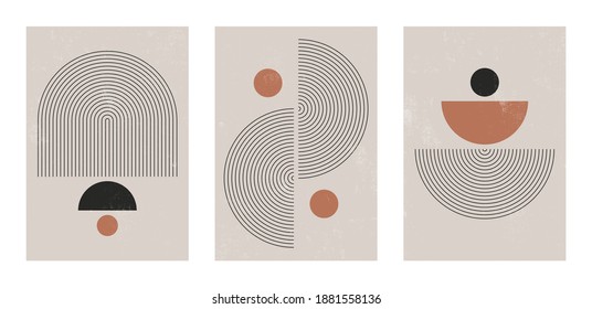 Set of abstract contemporary mid century posters with geometric shapes. Design for wallpaper, background, wall decor, cover, print, card, branding. Modern boho minimalist art. Vector illustration.