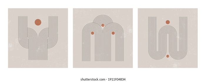 Set of abstract contemporary mid century posters with geometric shapes. Design for wallpaper, background, wall decor, cover, print, card, branding. Modern boho minimalist art. Vector illustration.