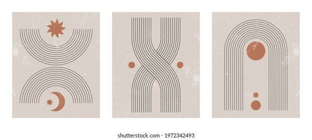 Set of abstract contemporary mid century posters with geometric shapes. Design for wallpaper, background, wall decor, cover, print, card, branding. Modern boho minimalist art. Vector illustration.