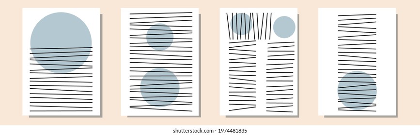Set of abstract contemporary mid century posters with geometric shapes. Design for wallpaper, background, wall decor, cover, print, card, branding. Modern boho minimalist art. Vector illustration.