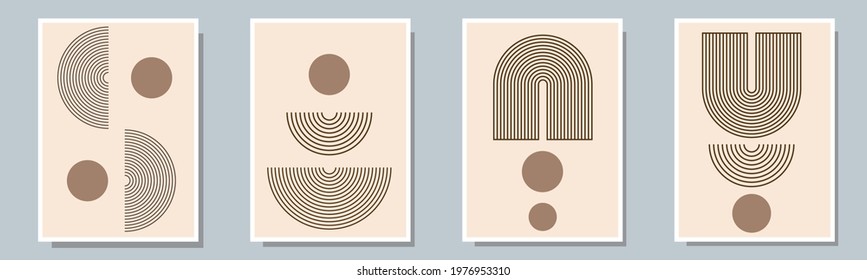 Set of abstract contemporary mid century posters with geometric shapes. Design for wallpaper, background, wall decor, cover, print, card, branding. Modern boho minimalist art. Vector illustration.