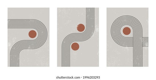 Set of abstract contemporary mid century posters with geometric shapes. Design for wallpaper, background, wall decor, cover, print, card, branding. Modern boho minimalist art. Vector illustration.