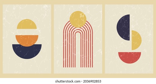 Set of abstract contemporary mid century posters with geometric shapes and texture. Design for wallpaper, background, wall decor, cover, print, card. Modern boho minimalist art. Vector illustration.