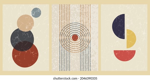 Set of abstract contemporary mid century posters with geometric shapes and texture. Design for wallpaper, background, wall decor, cover, print, card. Modern boho minimalist art. Vector illustration.