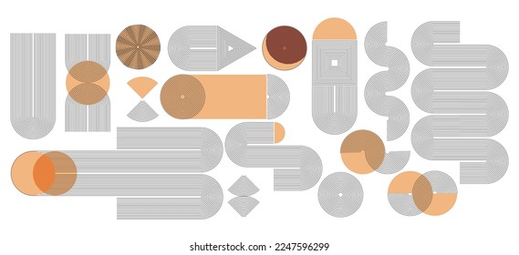 Set of abstract contemporary mid century posters with geometric shapes. Design for wallpaper, background, wall decor, cover, print, card, branding. Modern boho minimalist art. Vector illustration.
