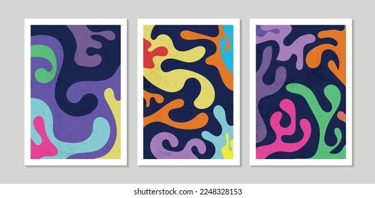 Set of abstract contemporary mid century posters with Fluid shapes and texture. Design for wallpaper, background, wall decor, cover, print, card. Modern boho minimalist art. Vector illustration.