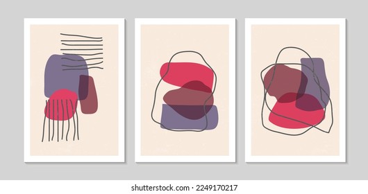 Set of abstract contemporary mid century posters with Geometric shapes and texture. Design for wallpaper, background, wall decor, cover, print, card. Modern boho minimalist art. Vector illustration.