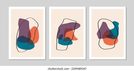 Set of abstract contemporary mid century posters with Geometric shapes and texture. Design for wallpaper, background, wall decor, cover, print, card. Modern boho minimalist art. Vector illustration.