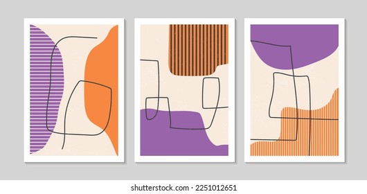 Set of abstract contemporary mid century posters with Geometric shapes and texture. Design for wallpaper, background, wall decor, cover, print, card. Modern boho minimalist art. Vector illustration.