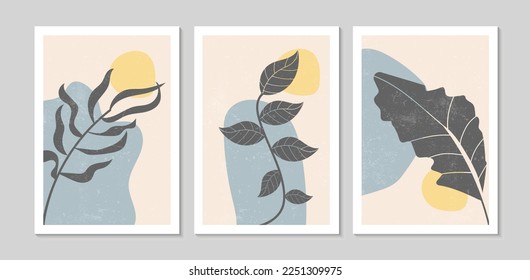 Set of abstract contemporary mid century posters with Botanical shapes and texture. Design for wallpaper, background, wall decor, cover, print, card. Modern boho minimalist art. Vector illustration.