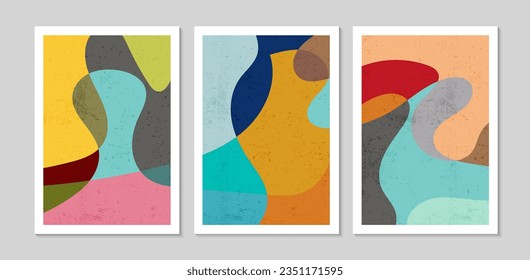 Set of abstract contemporary mid century posters with abstract shapes and texture. Design for wallpaper, background, wall decor, cover, print, card. Modern boho minimalist art. Vector illustration.