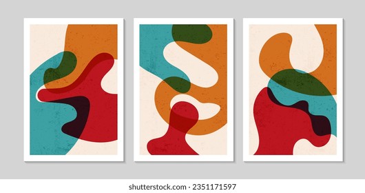 Set of abstract contemporary mid century posters with abstract shapes and texture. Design for wallpaper, background, wall decor, cover, print, card. Modern boho minimalist art. Vector illustration.