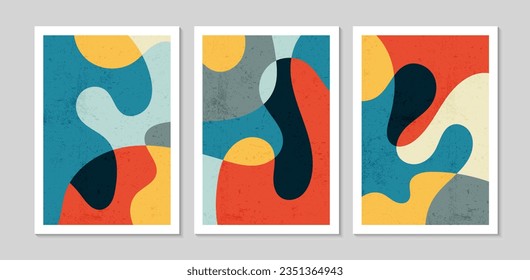 Conjunto de afiches abstractos contemporáneos de mediados de siglo con formas y texturas abstractas coloridas. Diseño de papel pintado, fondo, decoración de pared, cubierta, impresión. Arte moderno de boho minimalista. Ilustración vectorial.