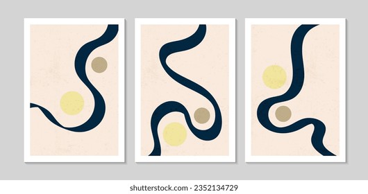Set of abstract contemporary mid century posters with abstract shapes and texture. Design for wallpaper, background, wall decor, cover, print, card. Modern boho minimalist art. Vector illustration.