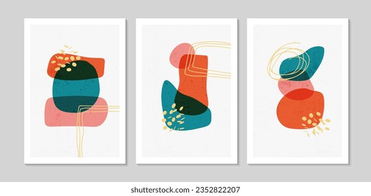Set of abstract contemporary mid century posters with abstract shapes and texture. Design for wallpaper, background, wall decor, cover, print, card. Modern boho minimalist art. Vector illustration.