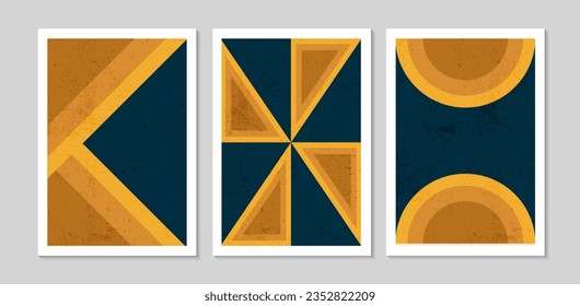 Set of abstract contemporary mid century posters with abstract shapes and texture. Design for wallpaper, background, wall decor, cover, print, card. Modern boho minimalist art. Vector illustration.