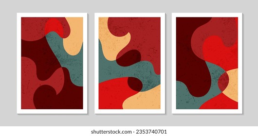 Set of abstract contemporary mid century posters with abstract shapes and texture. Design for wallpaper, background, wall decor, cover, print, card. Modern boho minimalist art. Vector illustration.