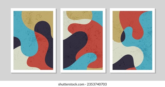 Set of abstract contemporary mid century posters with abstract shapes and texture. Design for wallpaper, background, wall decor, cover, print, card. Modern boho minimalist art. Vector illustration.