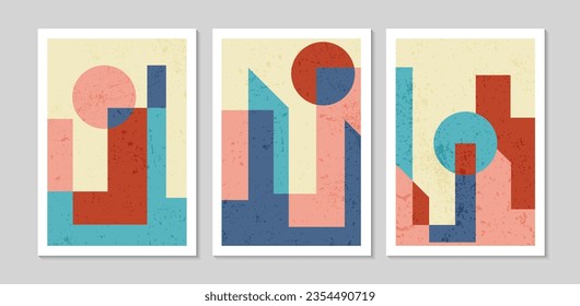 Set of abstract contemporary mid century posters with Geometric shapes. Design for wallpaper, background, wall decor, cover, print, card. Modern boho landscape minimalist art. Vector illustration.