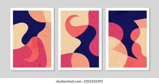 Set of abstract contemporary mid century posters with Abstract shapes. Design for wallpaper, background, wall decor, cover, print, card. Modern boho landscape minimalist art. Vector illustration.