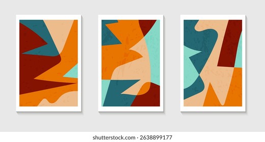 Set of abstract contemporary mid century posters with Abstract shapes. Design for wallpaper, background, wall decor, cover, print, card. Modern boho landscape minimalist art. Vector illustration.