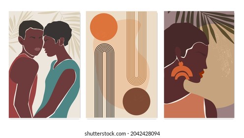 A set of abstract contemporary minimalistic posters with people. A couple of men in love, an African woman in profile, a rainbow and the sun. The concept of equality, tolerance, and love. Vector.