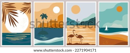 A set of abstract contemporary nature posters. Sea, sand with palm trees, island, silhouettes of flamingos, boat with sail on the background of sun and clouds. Vector graphics.