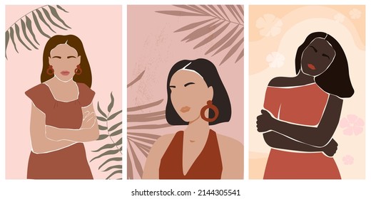 Set abstract contemporary portrait of a young woman in summer clothes on a background of tropical leaves. Vector graphics.