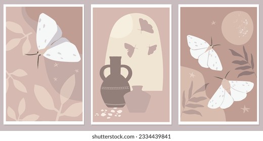 A set of abstract contemporary posters with butterflies, leaves, vases. Natural night prints. Vector graphics.