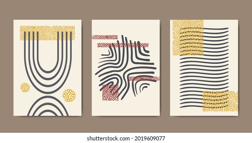 Set abstrakter zeitgenössischer Poster mit geometrischen Formen. Design für Tapete, Hintergrund, Wanddekor, Abdeckung, Druck, Karte, Branding. Moderne boho minimalistische Kunst, Vektorgrafik