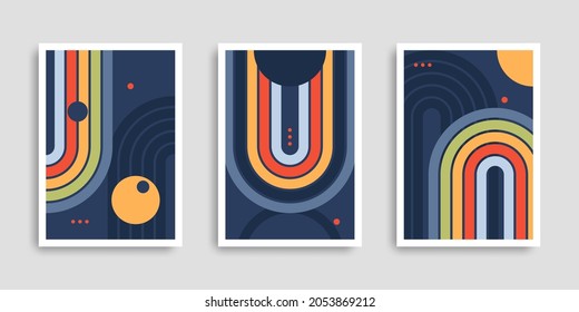 Set of abstract contemporary posters with geometric shapes. Colorful cover collection. Modern wall art for kids. Vector illustration. Design for print poster, cover, wallpaper. Stock.