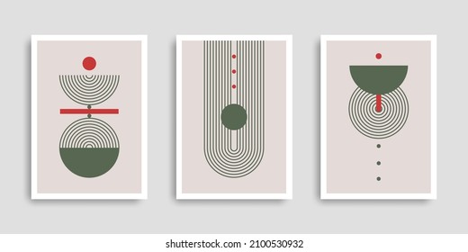 Conjunto de afiches contemporáneos abstractos con formas geométricas. Cobertura. Arte moderno de boho minimalista. Ilustración vectorial. Diseño para imprimir póster, portada, papel pintado. Existencias.