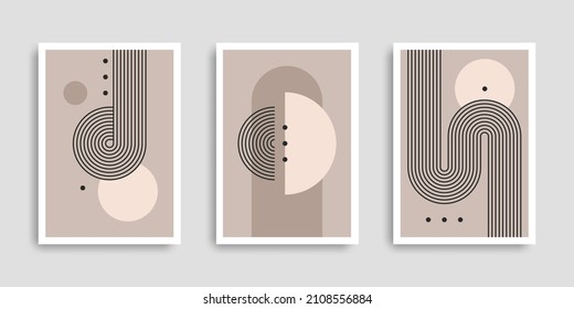 Set of abstract contemporary posters with geometric shapes. Cover collection. Modern boho minimalist art. Vector illustration. Design for print poster, cover, wallpaper. Stock