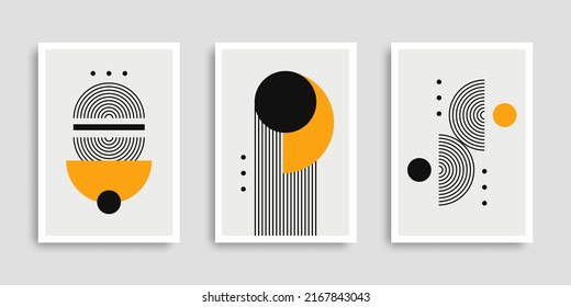 Set of abstract contemporary posters with geometric shapes. Cover collection. Modern boho minimalist art. Vector illustration. Design for print poster, cover, wallpaper. Stock.