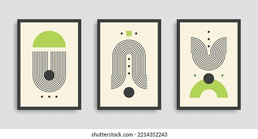 Set of abstract contemporary posters with geometric shapes. Cover collection. Modern boho minimalist art. Vector illustration. Design for print poster, cover, wallpaper. Stock.